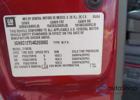 2004 Chevrolet Avalanche 1500 from USA, damaged, VIN 3GNEC12T54G293882